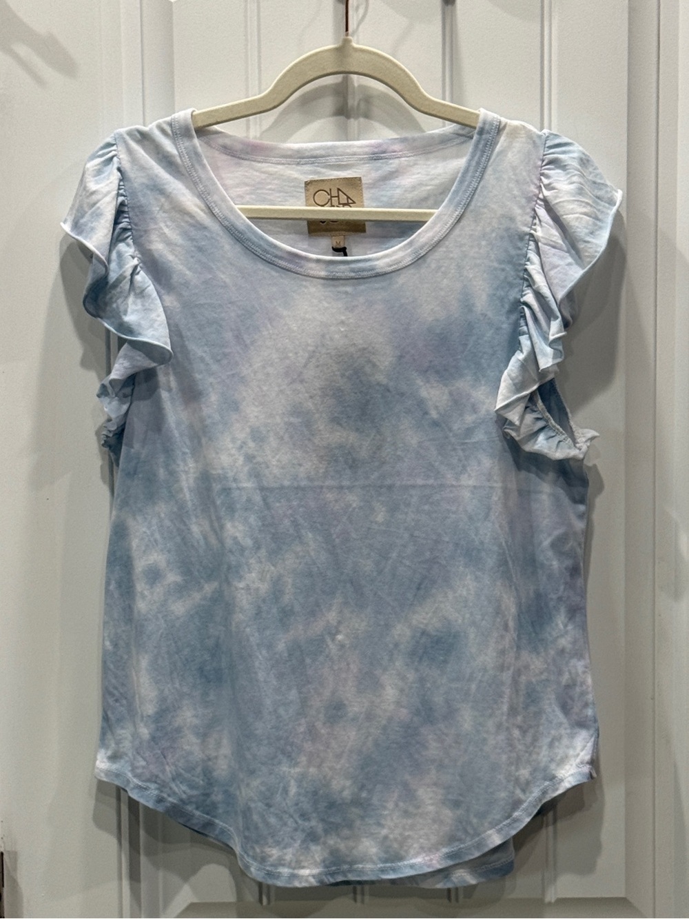 Chaser Women’s Size M Blue & Pink Tie Dye Ruffle Flutter Sleeve Tee Top EUC